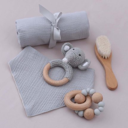 Natural Newborn Gift Set with Beechwood Teething Toy, Handmade Crochet Elephant Rattle, Bib, and More